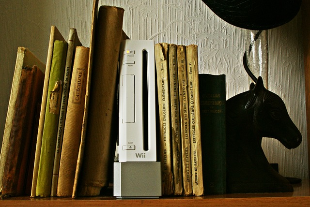 Nintendo Wii on a bookshelf