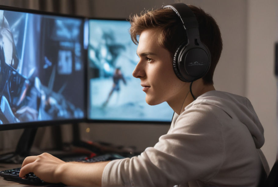 A young gamer wearing a gaming headset, playing a game on his gaming PC with a large monitor.