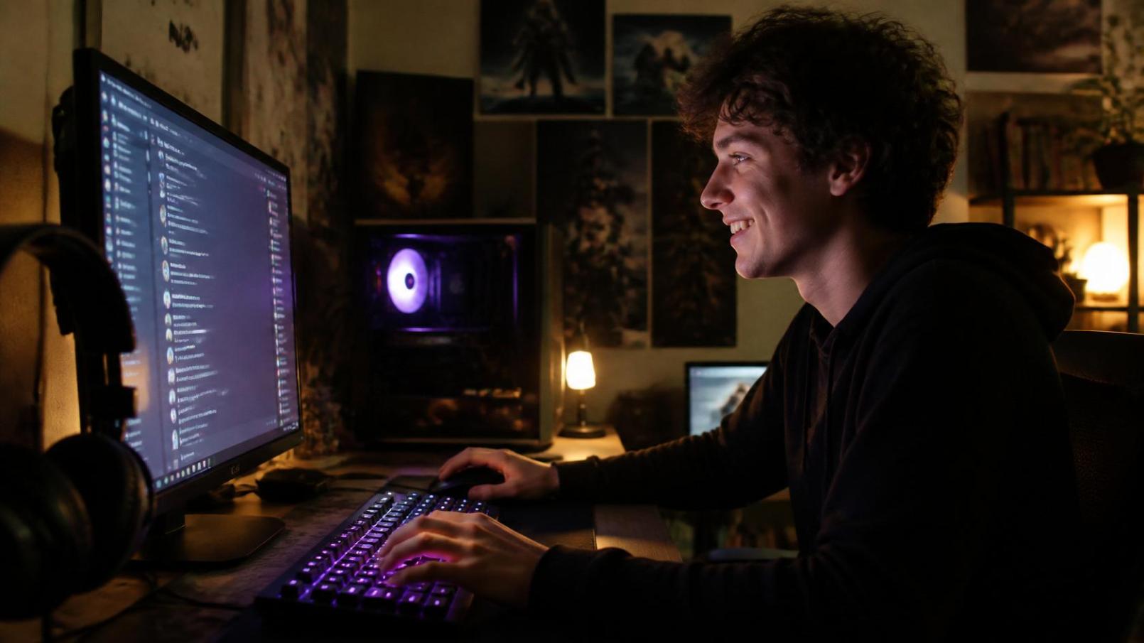 A gamer smiles at a thriving Discord community glowing on his screen.